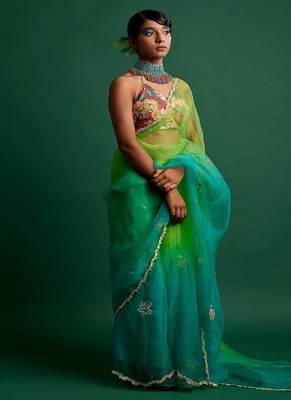 Lime green embroidered organza saree 2