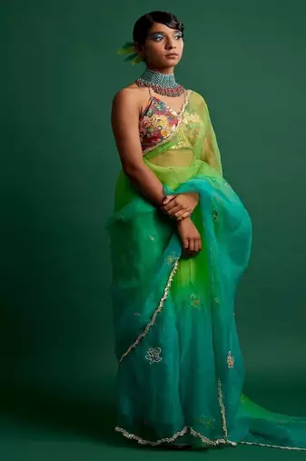 Lime green embroidered organza saree