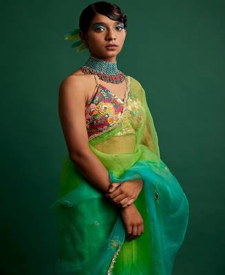 Lime green embroidered organza saree 3