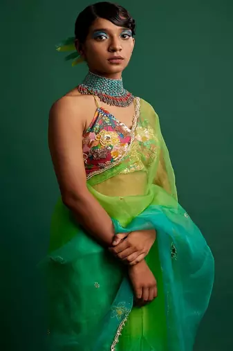 Lime green embroidered organza saree