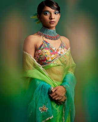 Lime green embroidered organza saree 4