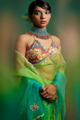 Lime green embroidered organza saree