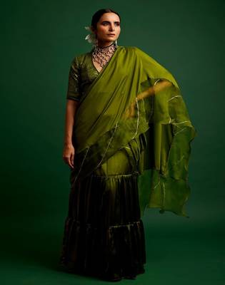 Olive embroidered silk saree 1