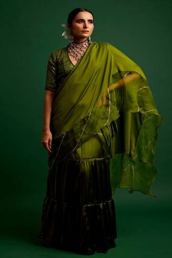 Olive embroidered silk saree
