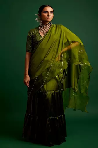 Olive embroidered silk saree