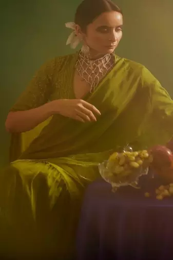 Olive embroidered silk saree