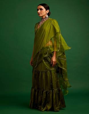 Olive embroidered silk saree 3
