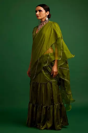 Olive embroidered silk saree