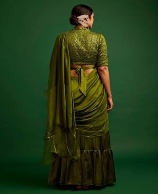 Olive embroidered silk saree 4