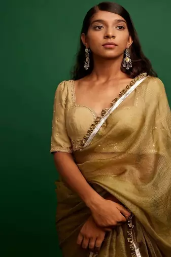 Dark olive plain silk saree saree with belt