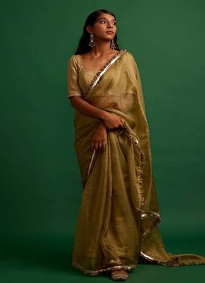 Dark olive plain silk saree saree with belt 1