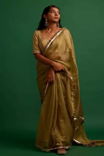 Dark olive plain silk saree saree with belt