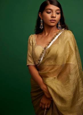 Dark olive plain silk saree saree with belt 3