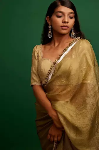 Dark olive plain silk saree saree with belt