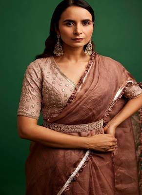 Rose pink embroidered silk saree saree with belt 2