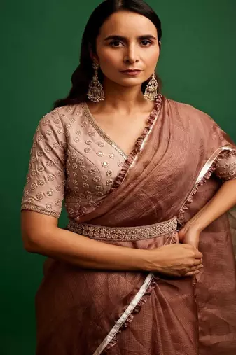 Rose pink embroidered silk saree saree with belt