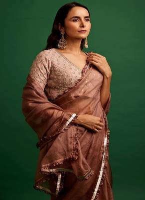 Rose pink embroidered silk saree saree with belt 1