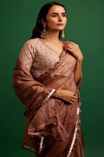 Rose pink embroidered silk saree saree with belt