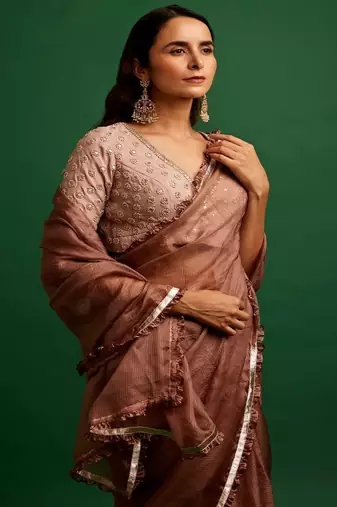 Rose pink embroidered silk saree saree with belt