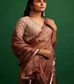 Rose pink embroidered silk saree saree with belt