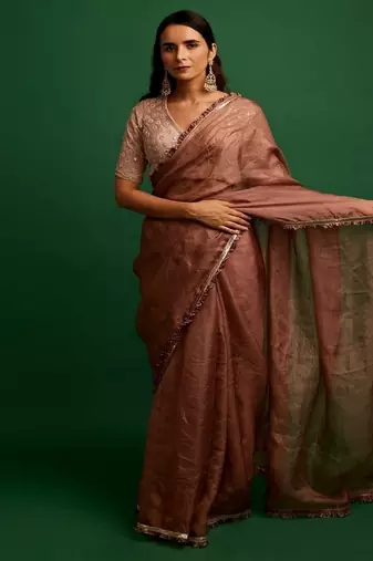Rose pink embroidered silk saree saree with belt