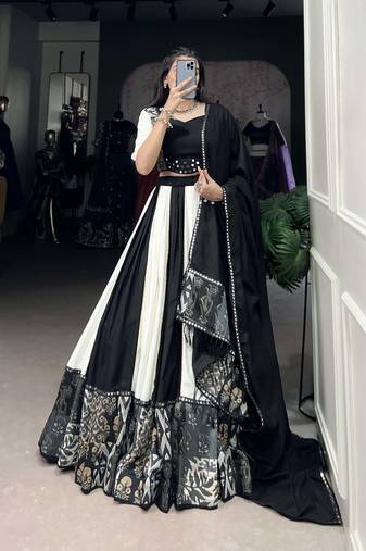 black Rayon Plain Printed Chaniya Choli with Paper Mirror Work and Gota Patti Lace