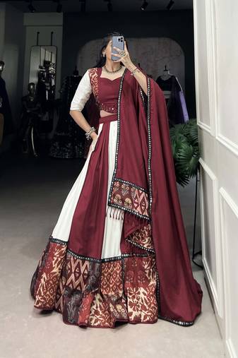 maroon Rayon Printed Chaniya Choli with Paper Mirror Work Gota Patti Lace