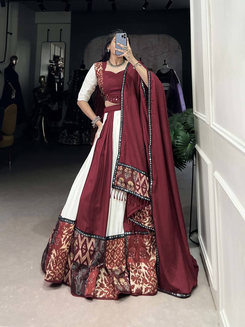 maroon Rayon Printed Chaniya Choli with Paper Mirror Work Gota Patti Lace