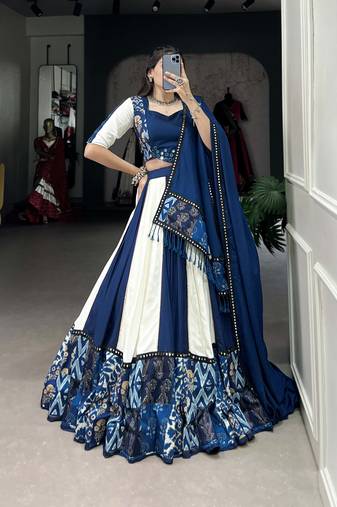 blue Rayon Printed Chaniya Choli with Paper Mirror Work Gota Patti Lace