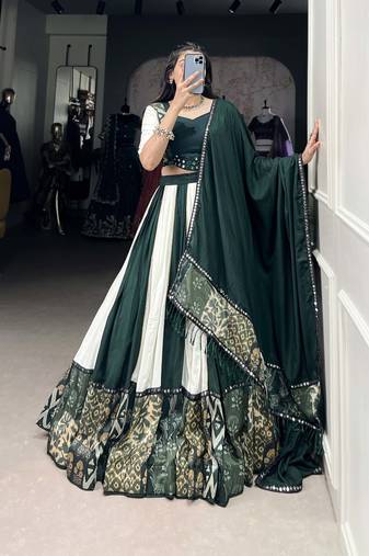 green Rayon Printed Chaniya Choli with Paper Mirror Work Gota Patti Lace