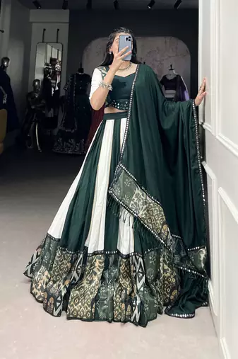 green Rayon Printed Chaniya Choli with Paper Mirror Work Gota Patti Lace