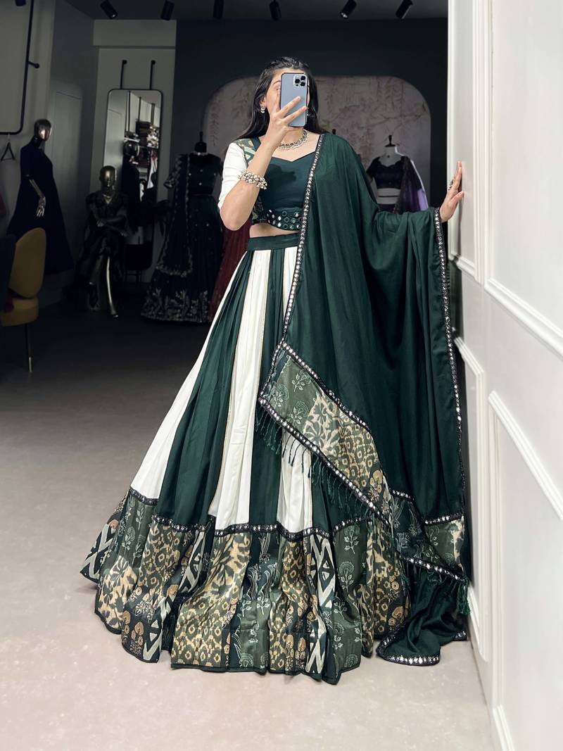 green Rayon Printed Chaniya Choli with Paper Mirror Work Gota Patti Lace