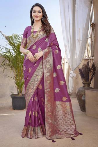 Purple paithani silk blend saree with weaving temple border and heavy pallu
