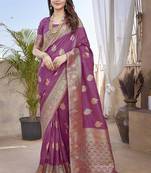 Purple paithani silk blend saree with weaving temple border and heavy pallu