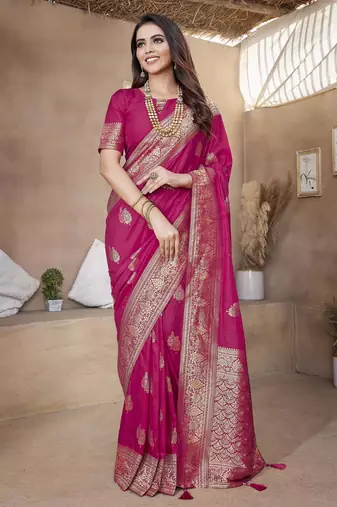 Pink paithani silk blend saree with weaving temple border and heavy pallu