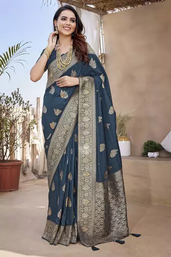 Teal paithani silk blend saree with weaving temple border and heavy pallu