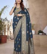Teal paithani silk blend saree with weaving temple border and heavy pallu