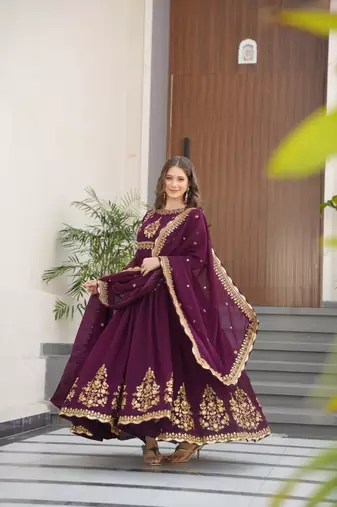 Violet zari thread sequin embroidered anarkali Gown-Free size