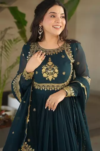 Teal Faux Blooming With Reach Embroidery Sequence Work Anarkali