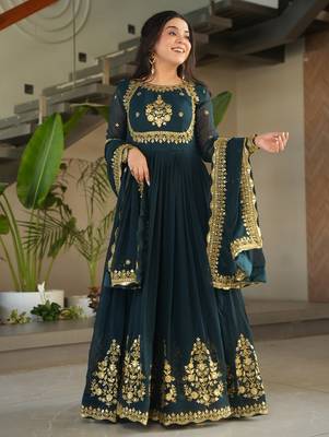 Teal Faux Blooming With Reach Embroidery Sequence Work Anarkali 1