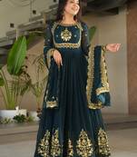 Teal Faux Blooming With Reach Embroidery Sequence Work Anarkali