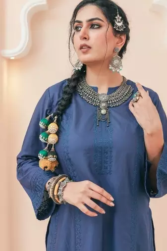 Navy blue lawn embroidered co-ord set