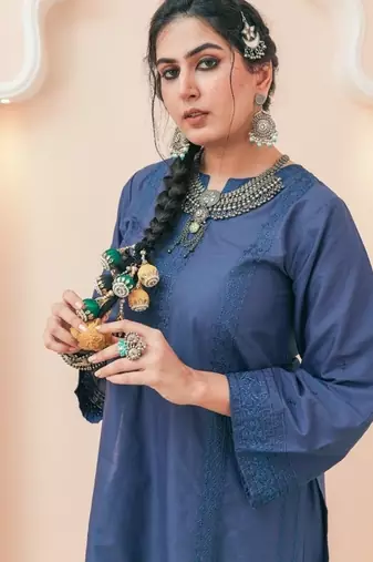 Navy blue lawn embroidered co-ord set