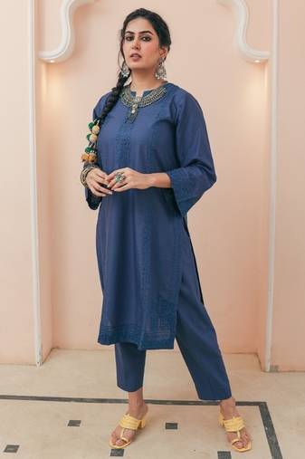 Navy blue lawn embroidered co-ord set