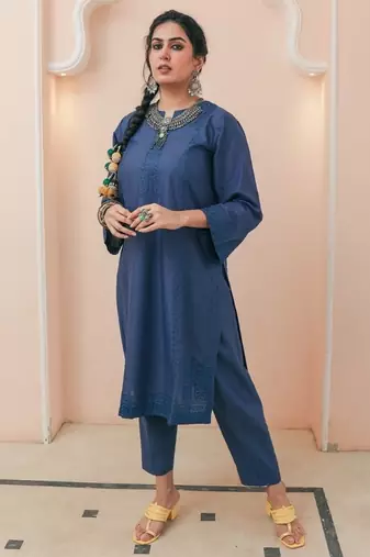 Navy blue lawn embroidered co-ord set