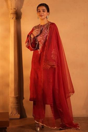 Red lawn embroidered co-ord set