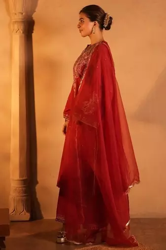 Red lawn embroidered co-ord set