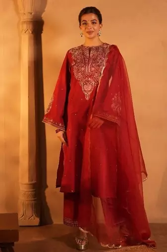 Red lawn embroidered co-ord set