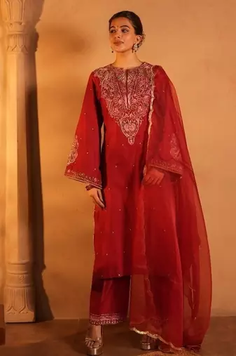 Red lawn embroidered co-ord set