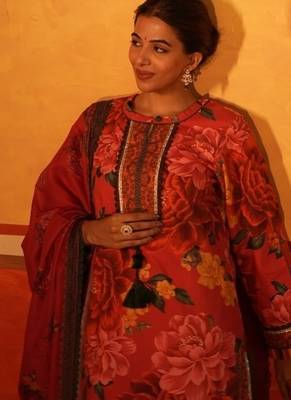 Red flower print co-ord set with dupatta 1